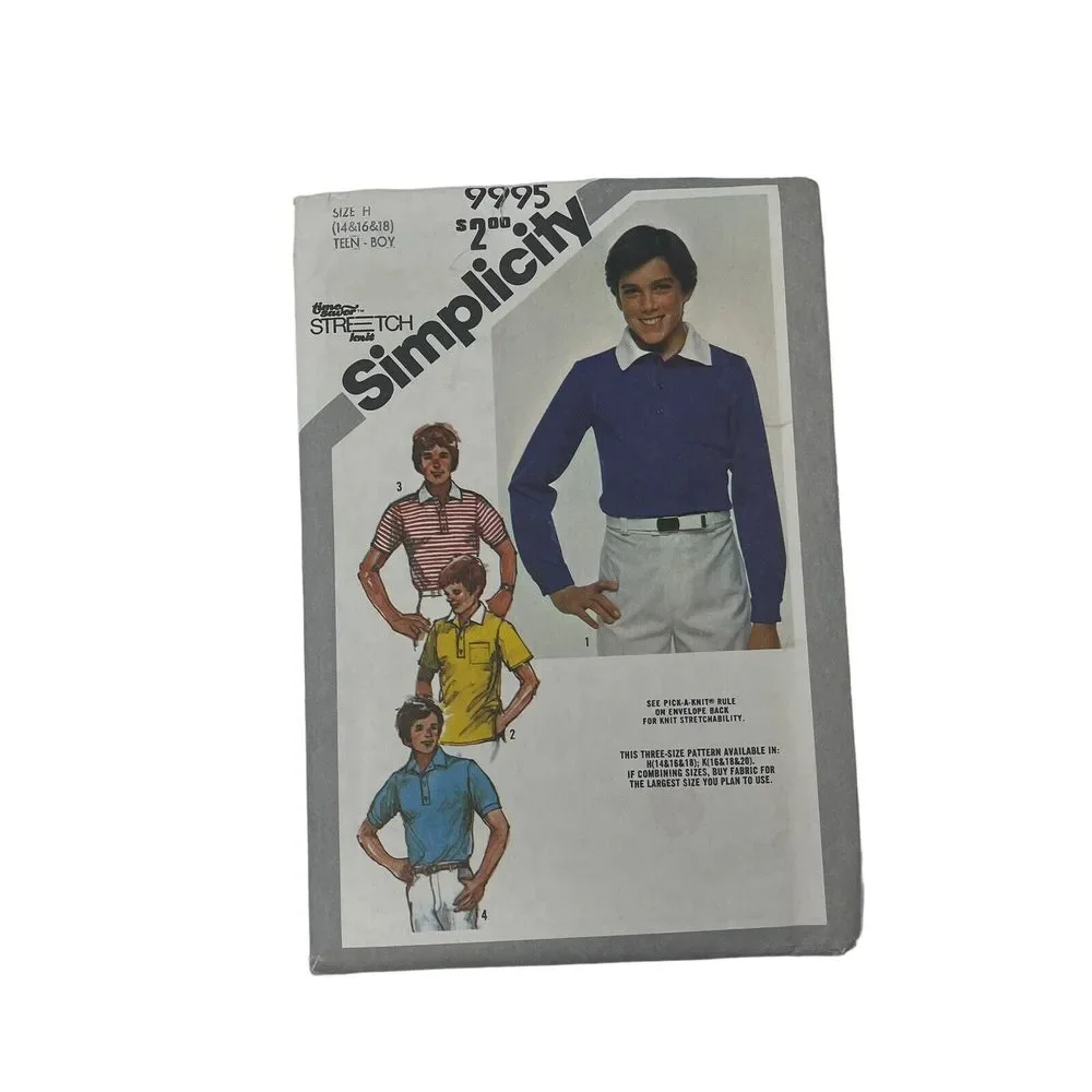 Vintage‎ 80's Simplicity 9995 Teen Boys Polo Shirt UNCUT Sewing Pattern Sz 14-18